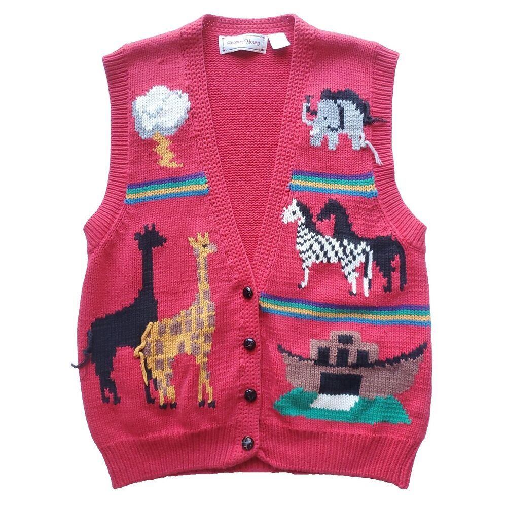 VTG Sharon Young Sweater Vest Sz S Noahs Ark Red Cotton Knit Button Up Cardigan